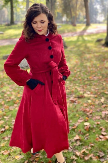 Red Wool Blend Hooded Coat - Fit-and-Flare with Tie Belt Waist 3225