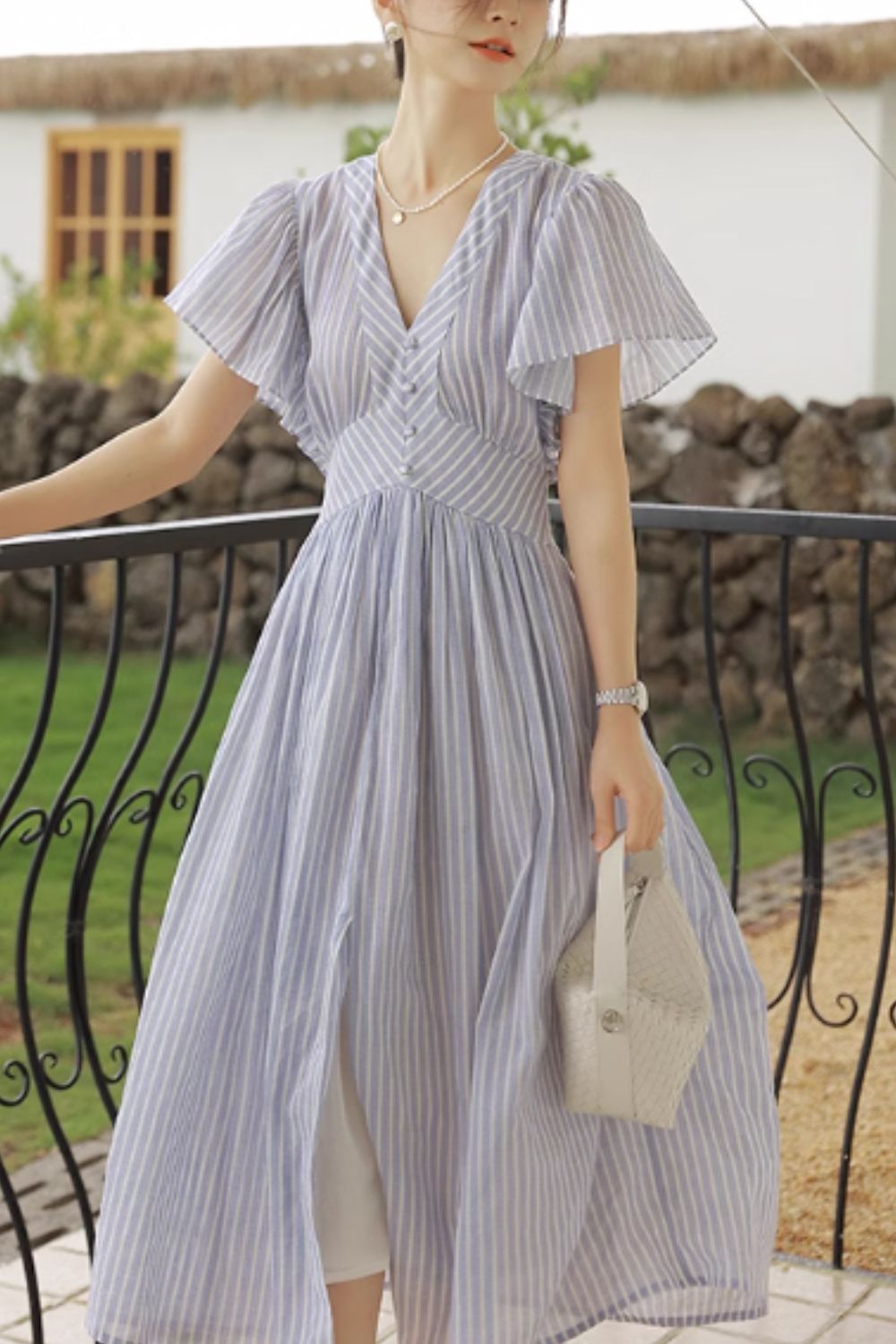 High waist prom summer striple linen dress 4843