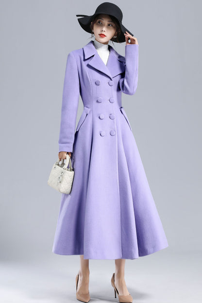 Light Purple Wool Fit-and-Flare Long Coat – Double-Breasted Elegant Silhouette | Xiaolizi 3232