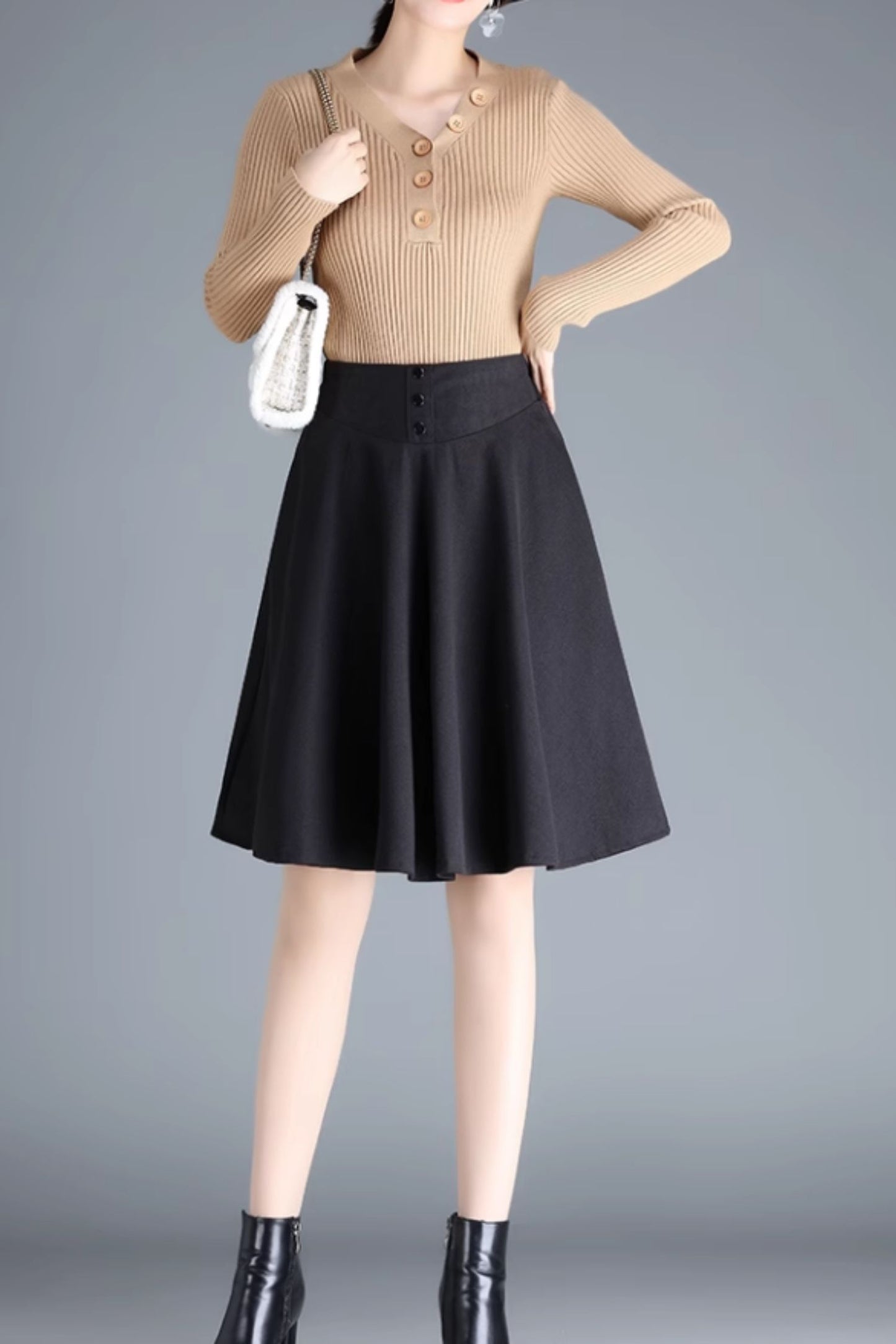Brown Wool A-Line Skirt - High Waist Winter Style 6135