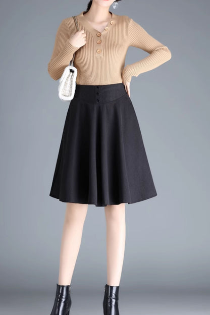 Brown Wool A-Line Skirt - High Waist Winter Style 6135