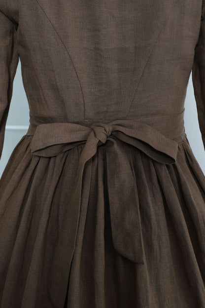 Brown Linen Midi Dress - A-Line Silhouette with Long Sleeves 5515