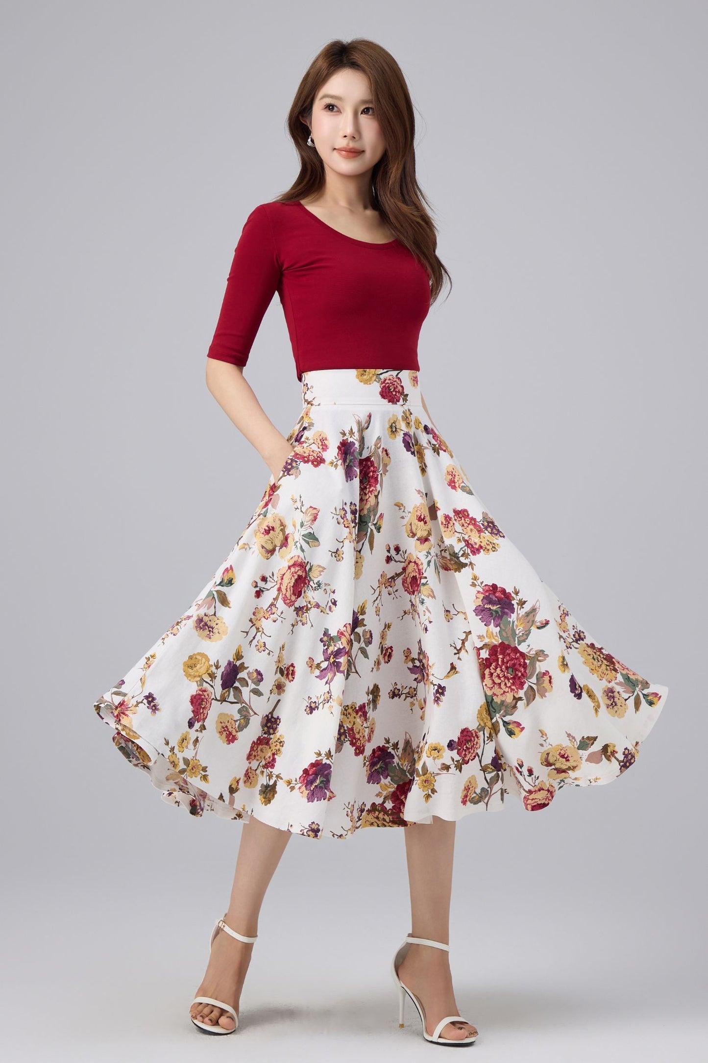 White Floral Cotton Linen Midi Skirt - High Waist, A-line Swing | Xiaolizi 6764