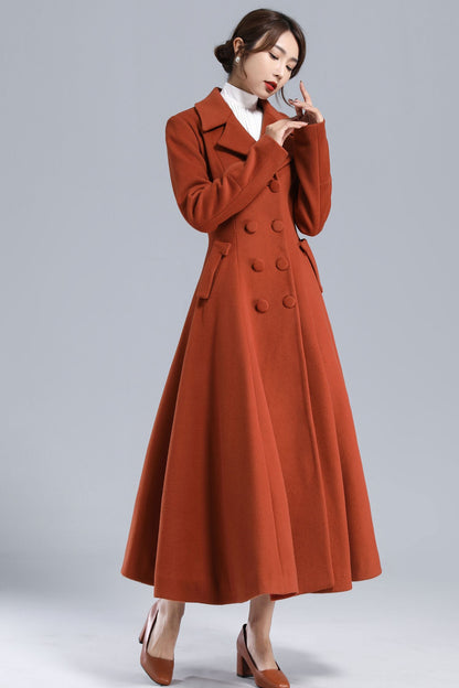 Rust Brown Wool Coat – Vintage Double-Breasted Fit and Flare Overcoat 3233