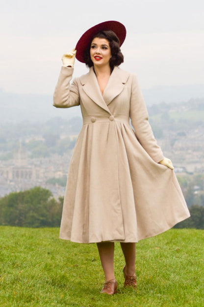 Elegant Beige Wool Blend Coat – Handmade Fit & Flare Winter Overcoat | Xiaolizi 3254