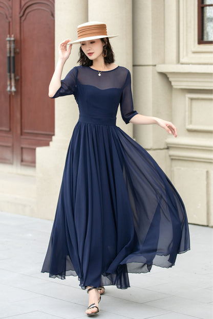 Fit and Flare Dark Blue Chiffon dress 5143