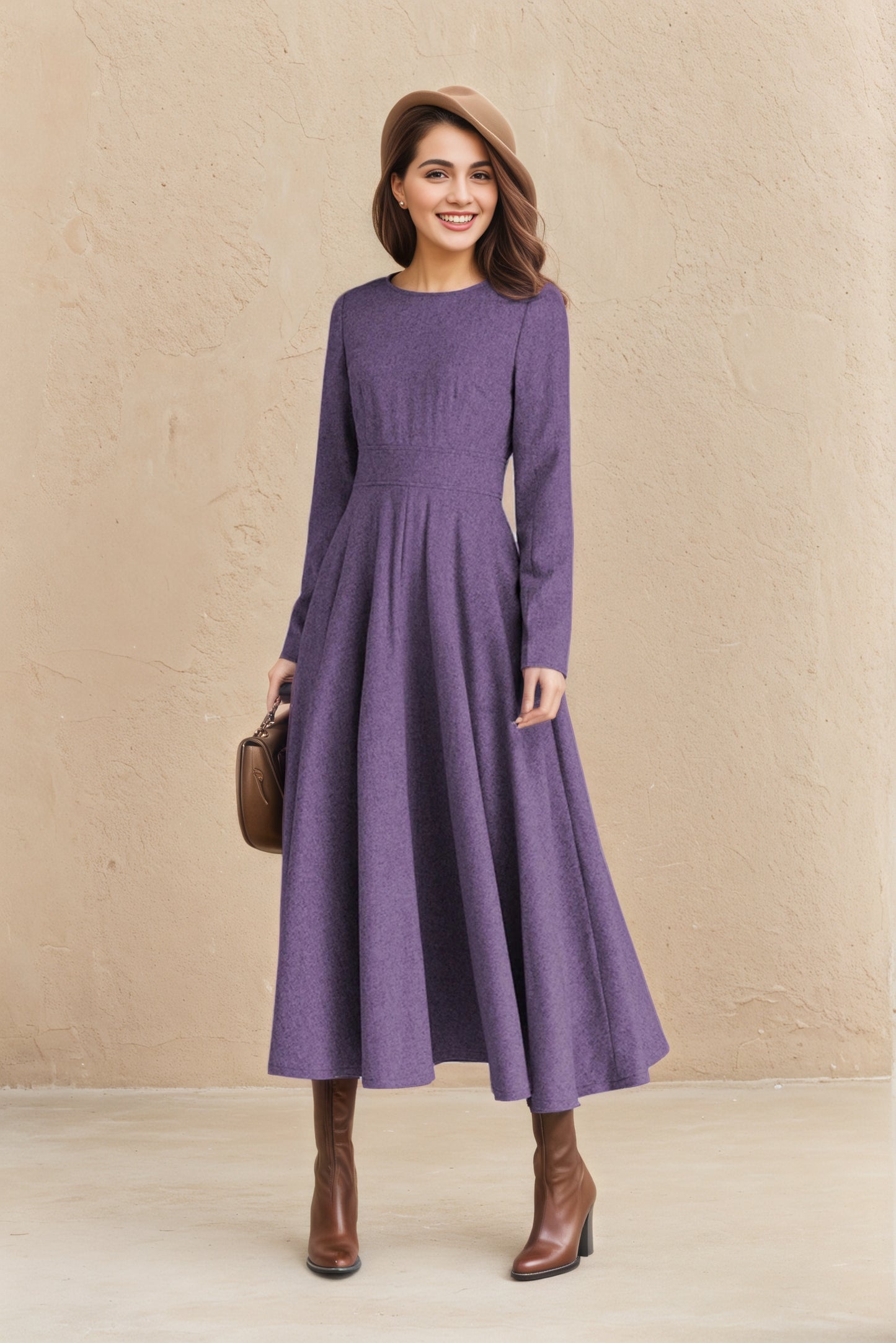 Vintage Purple Wool Midi Dress – Handmade Fit & Flare Winter Dress | Xiaolizi 6515
