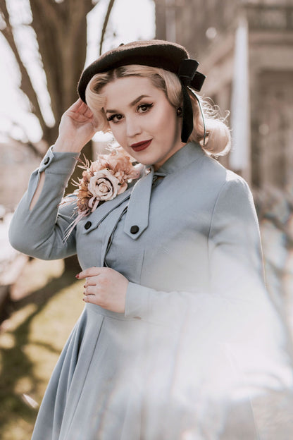 Blue Wool Fit & Flare Dress - 50s Vintage Long Sleeve | Xiaolizi 2749