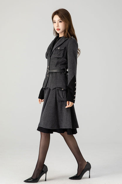 Gray military short wool coat 4605