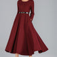 Burgundy Wool Midi Dress – Women’s Long Sleeve Fit and Flare Winter Dress 2429