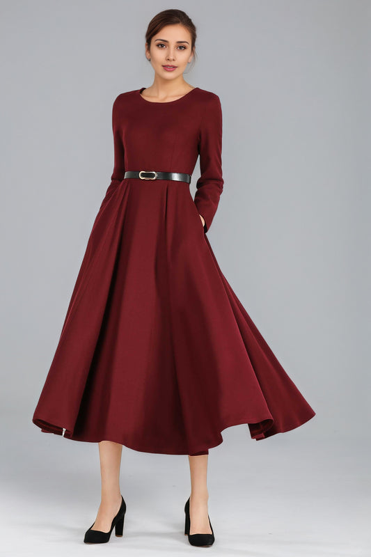 Burgundy Wool Midi Dress – Women’s Long Sleeve Fit and Flare Winter Dress 2429