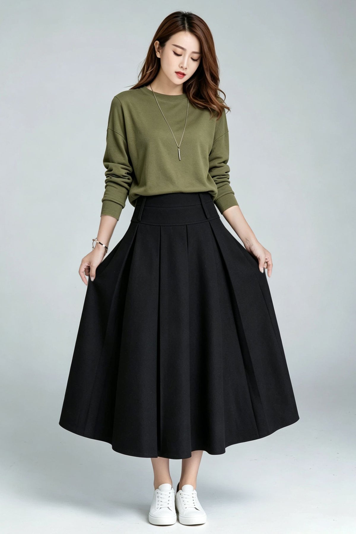 Black Wool Pleated Midi Skirt-High Waist A-Line Long Skirt for Women 7011