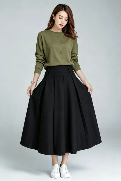 Black Wool Pleated Midi Skirt-High Waist A-Line Long Skirt for Women 7011