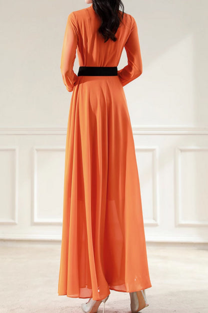 Orange Chiffon Maxi Dress - Long Sleeve Belted Formal | Xiaolizi 5071
