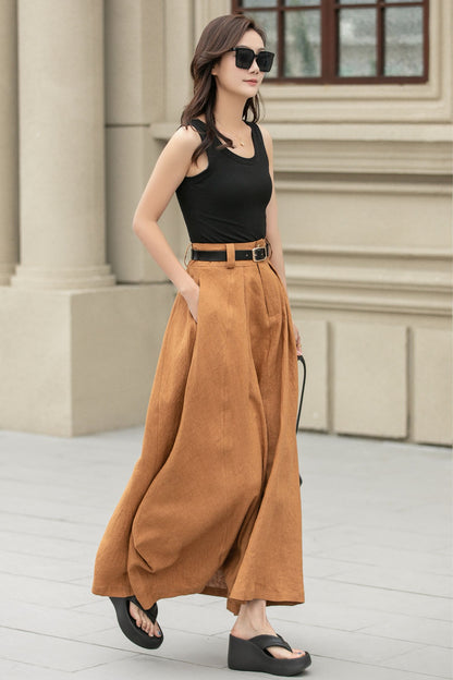 Camel Linen Skirt – Handmade High Waist Long Summer Skirt | Xiaolizi 4941