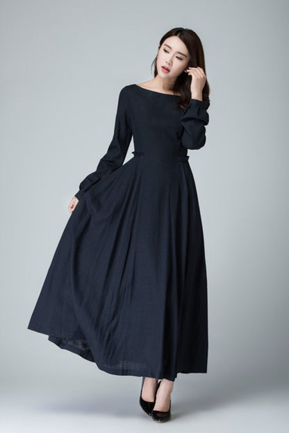 Blue Linen Maxi Dress - Flared Skirt & Boat Neckline 1465