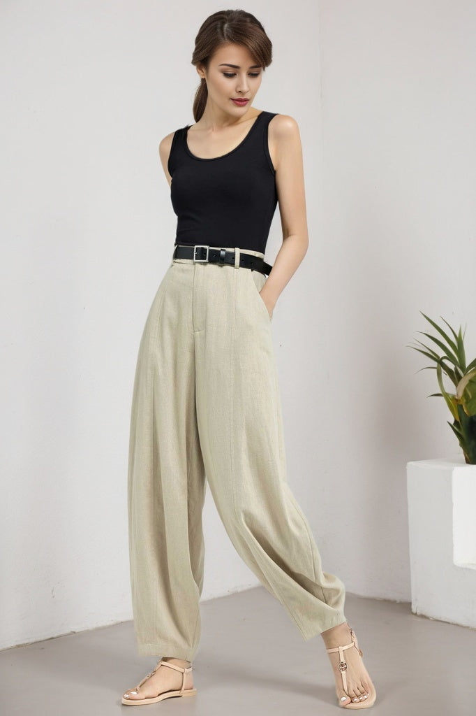 Beige Linen Blend Wide Leg Pants - High Waist, Ankle Length 5907