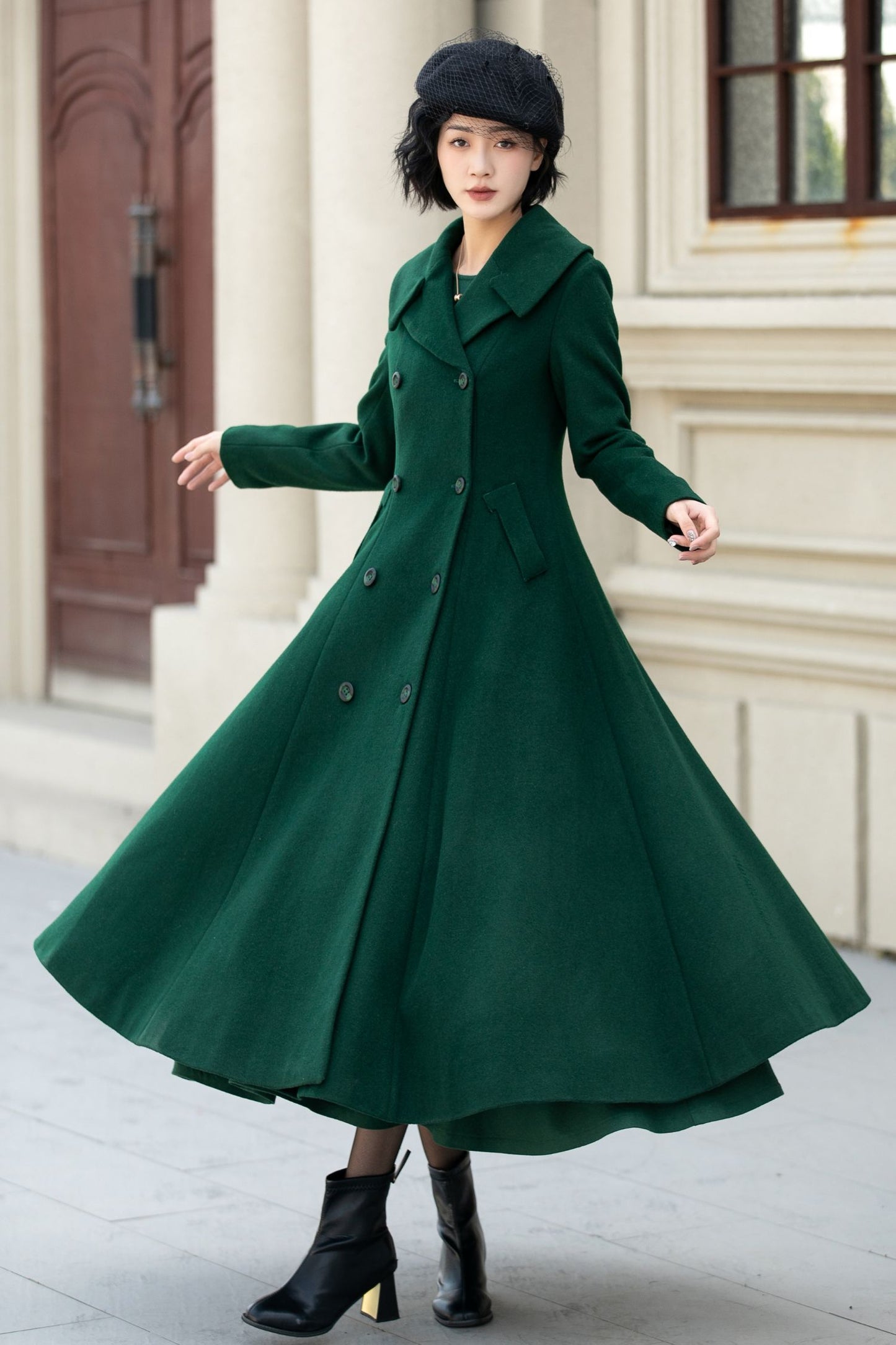 Green long double breasted winter wool coat 5452