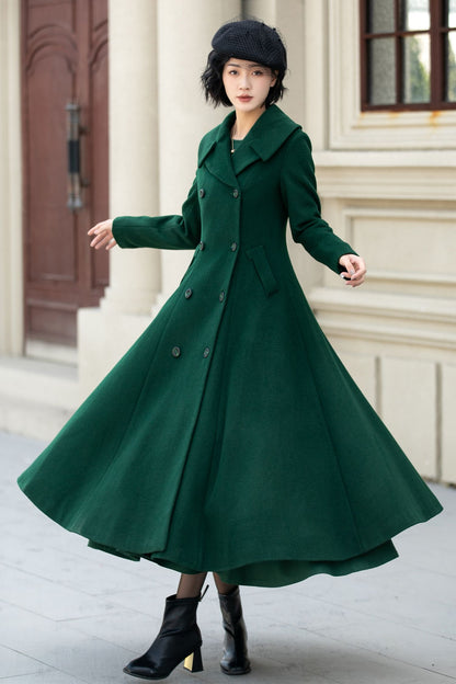 Elegant Winter Wool Coat – Dark Green Double Breasted A-Line – 5452