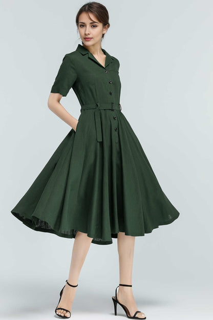 Green Linen-Cotton Midi Shirt Dress - Belted Vintage Swing 5764