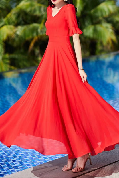 Red Chiffon Maxi Dress - Flowing V-Neck Bridesmaid Gown 5009