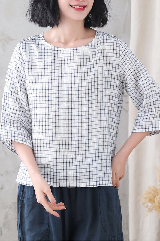 Loose fitting plaid summer linen blouse 3337