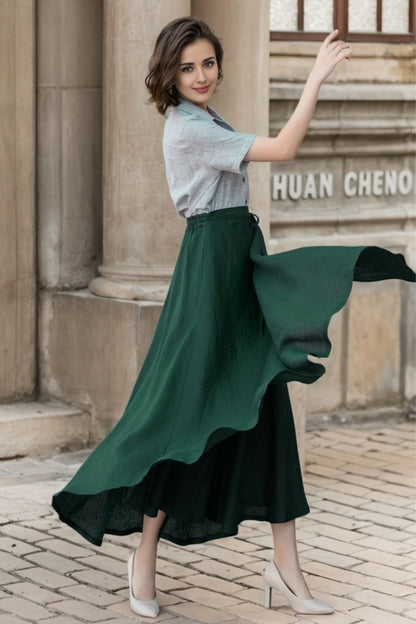 Green Linen Wrap Maxi Skirt - A-Line Flowy Silhouette 5748