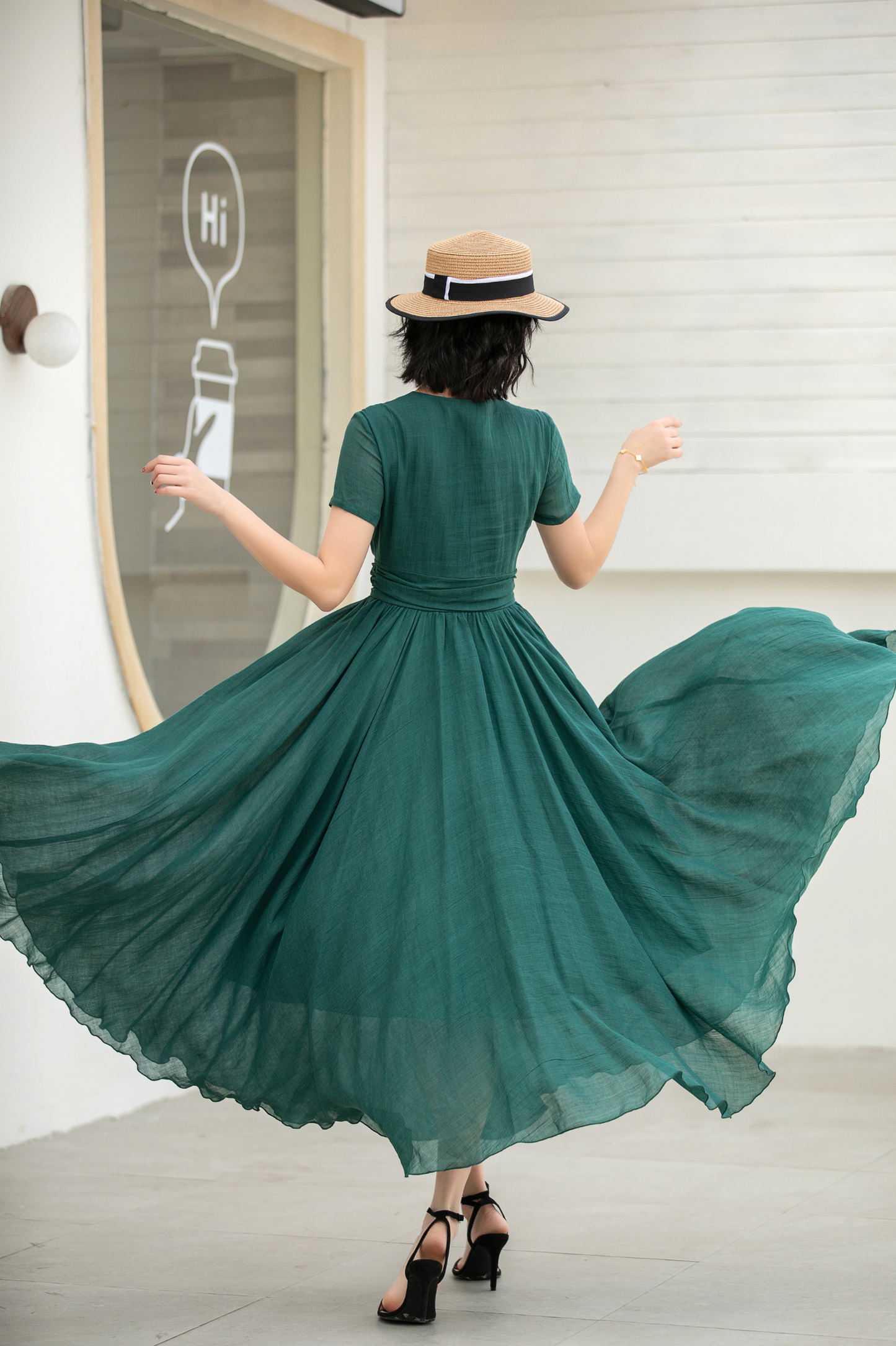Green Maxi Pleated linen dress 5832