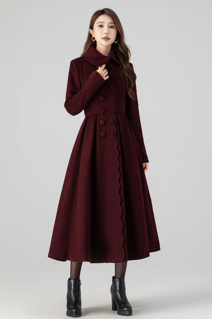 Handmade Burgundy Wool Coat – Vintage Princess Winter Maxi Overcoat 4517