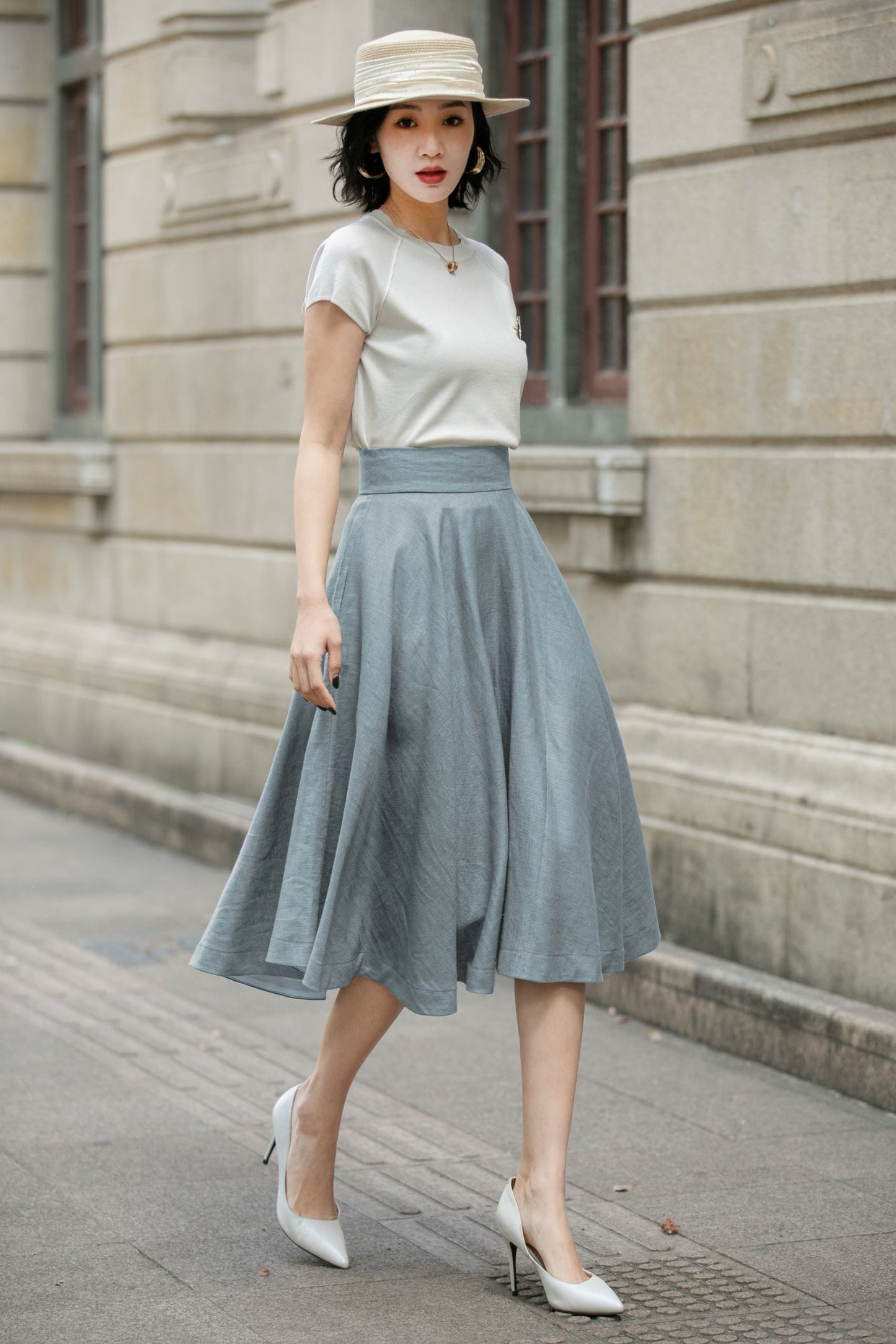 Handmade Linen Circle Skirt – High Waist Pleated Midi Skirt for Spring Summer 6711