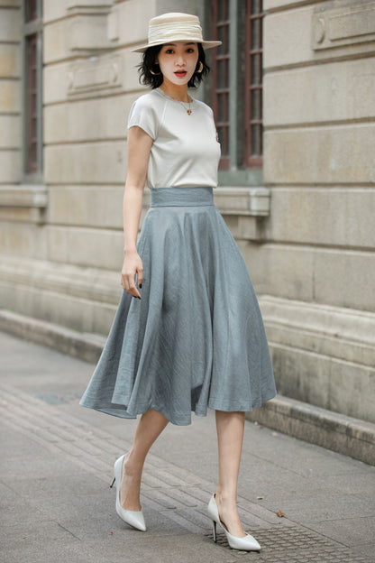 Handmade Linen Circle Skirt – High Waist Pleated Midi Skirt for Spring Summer 6711