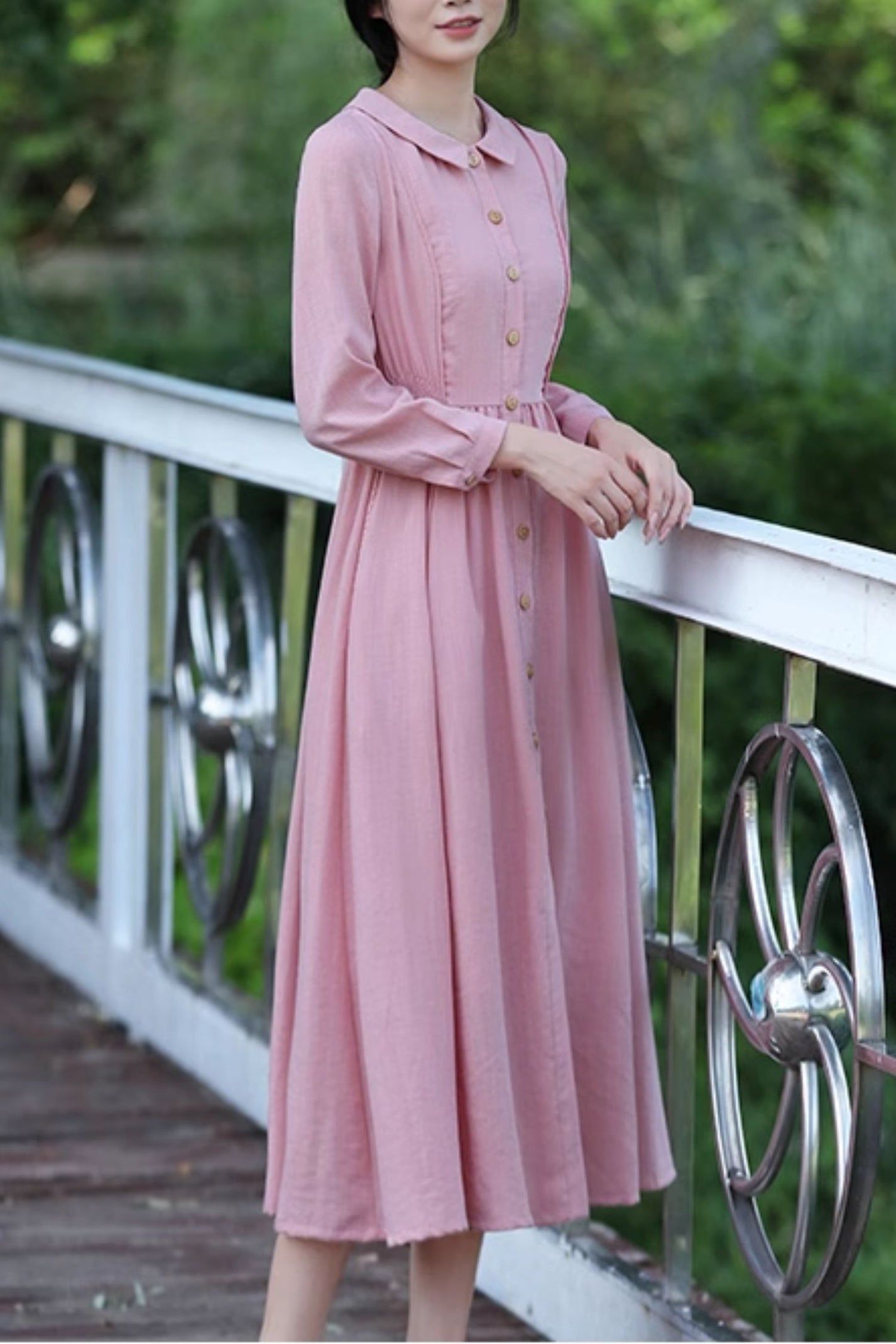Spring fit and flare pink linen dress women 4821 – Xiaolizi