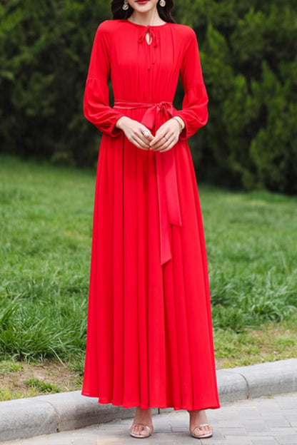 Red Chiffon Maxi Dress - Fitted Waist with 3/4 Sleeves 5003