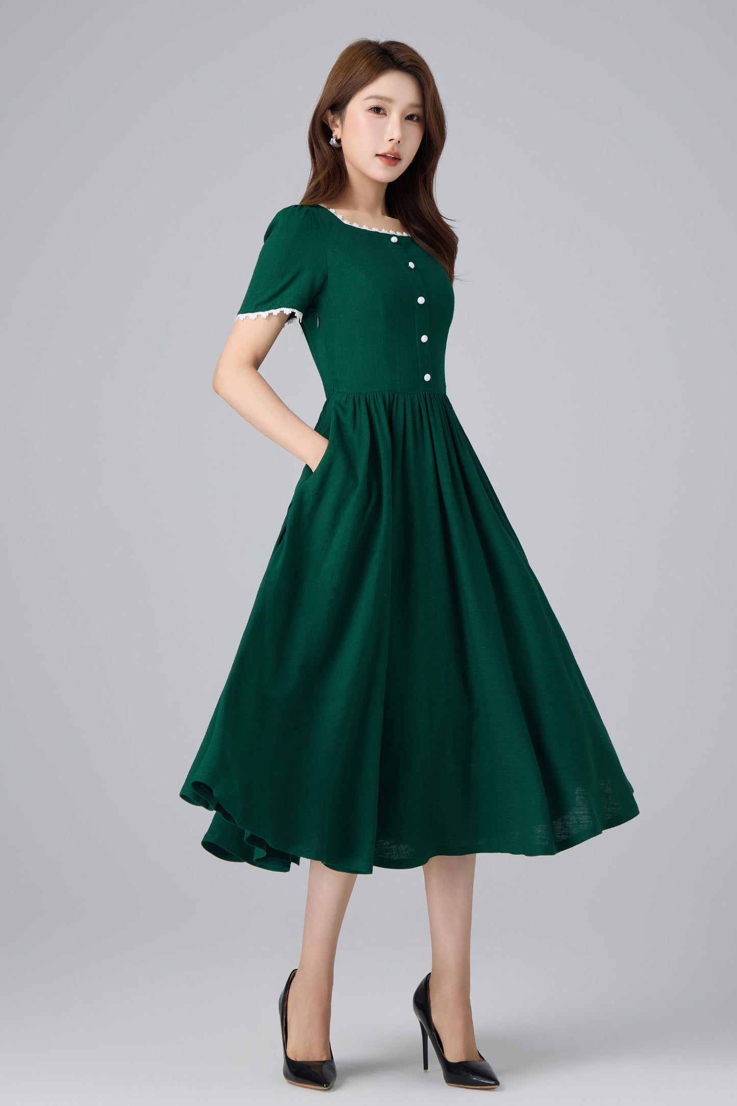 Emerald Linen Midi Dress - Square Neck Puff Sleeve | Xiaolizi 6760