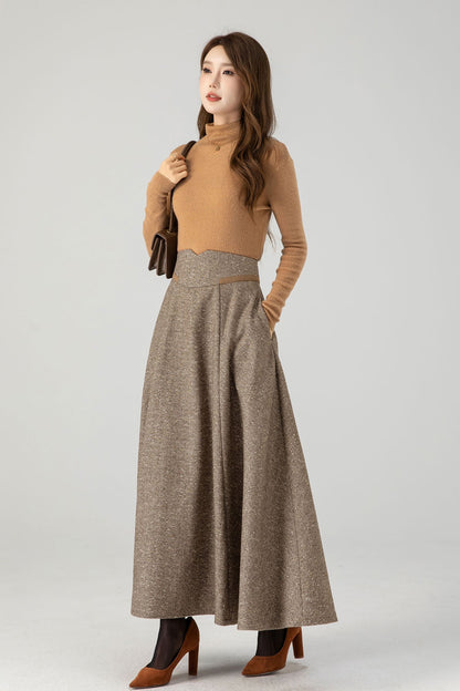Khaki Wool Blend A-Line Maxi Skirt - High Waist Lined | Xiaolizi 4608