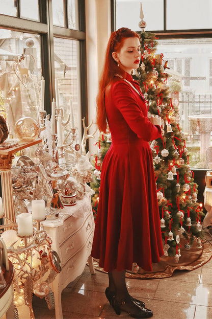 Burgundy Wool Winter Dress - Fit & Flare Long Sleeve | Xiaolizi 4837
