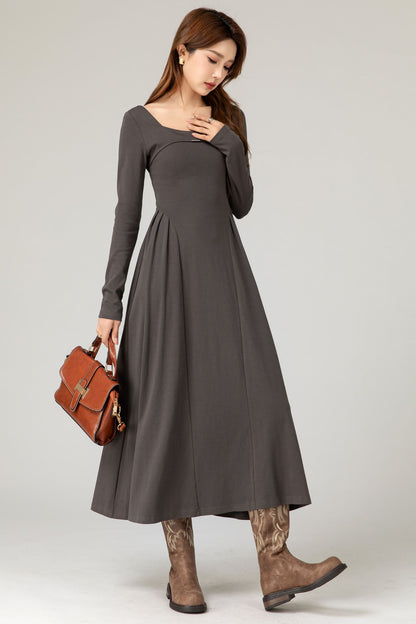 Women's Knit Midi Dress, Round Neck Long Sleeve | Xiaolizi 5477