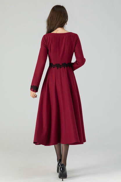 Handmade Wool Blend Lace Midi Dress – Vintage Winter Elegance | Xiaolizi 4544