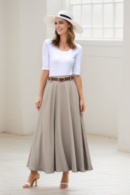Dark Khaki High waist Linen Maxi Skirt with Pockets  2783