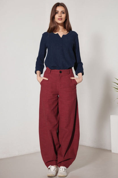 Women’s Burgundy Linen Blend Pants – Handmade Ankle-Length Loose Trousers | Xiaolizi 1160