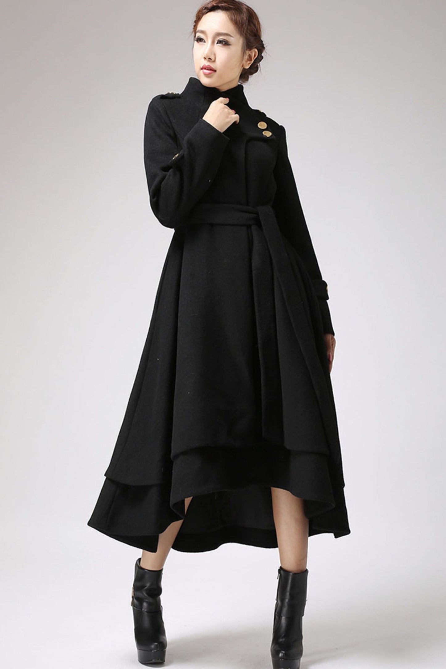 Asymmetrical Hem Black wool Coat  0703#