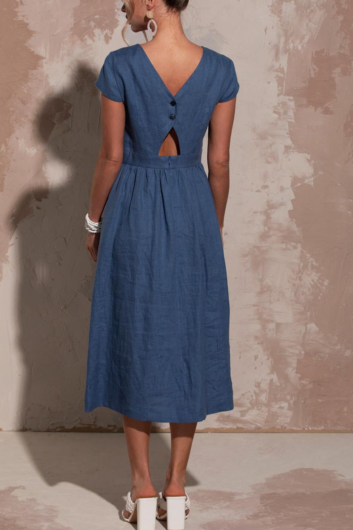 Midi blue summer linen dresses women HY0017