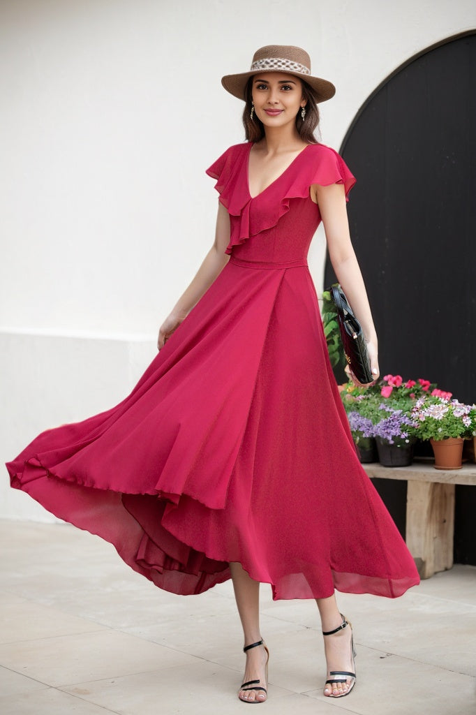 Red fit and flare swing Chiffon dress 5958