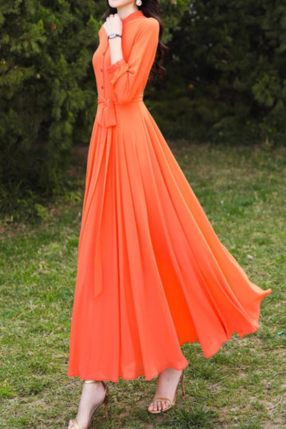 Orange Chiffon Maxi Dress - Long Sleeves, Flowy Silhouette 5076