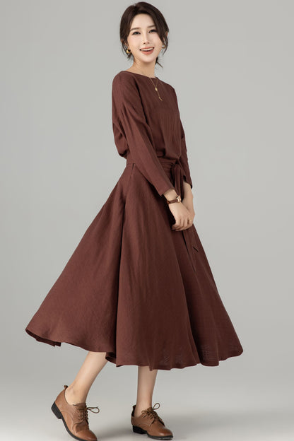 Brown Linen Cotton Midi Dress - Boat Neck, Belted Waist 5704