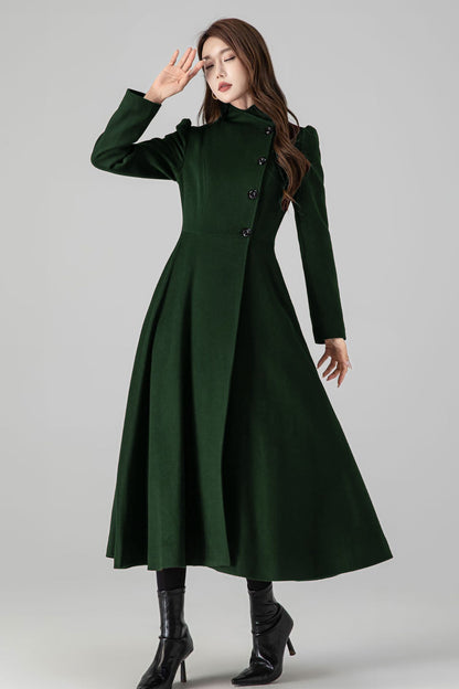 Green A-Line Long Wool Coat 5488