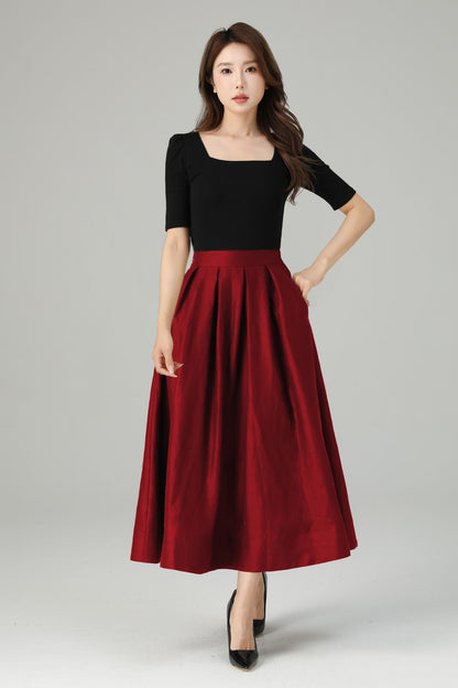 Red Linen Midi Skirt: Retro High Waisted A-Line Pleated Skirt 6714