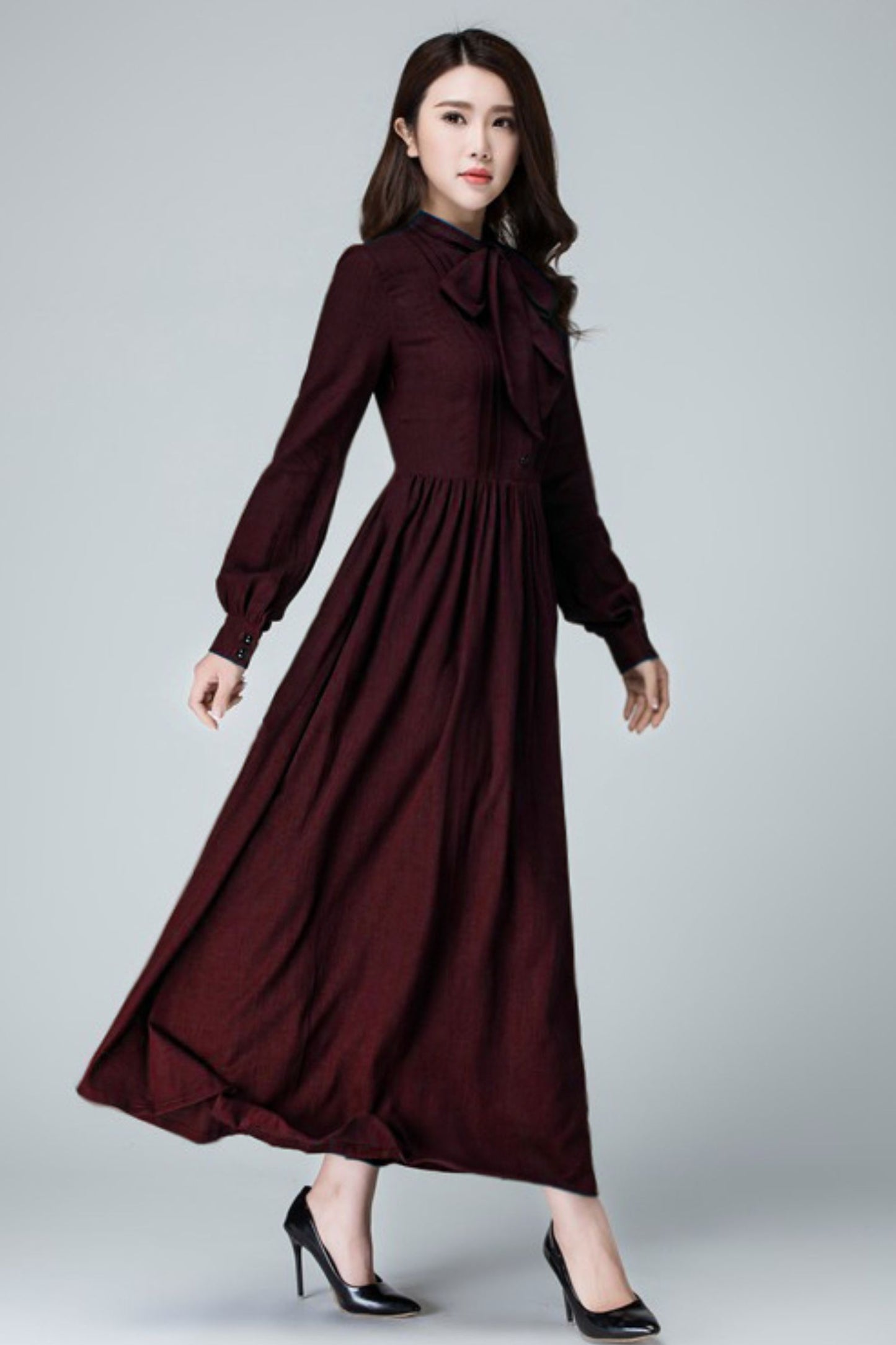Burgundy Linen Maxi Dress – Vintage Long Sleeve Elegant Dress 6676