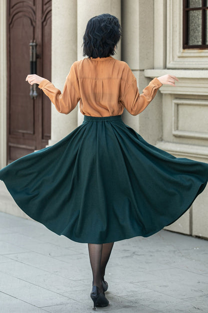 Dark Green Wool Midi Skirt - Flared A-Line with Elastic Waist 5311