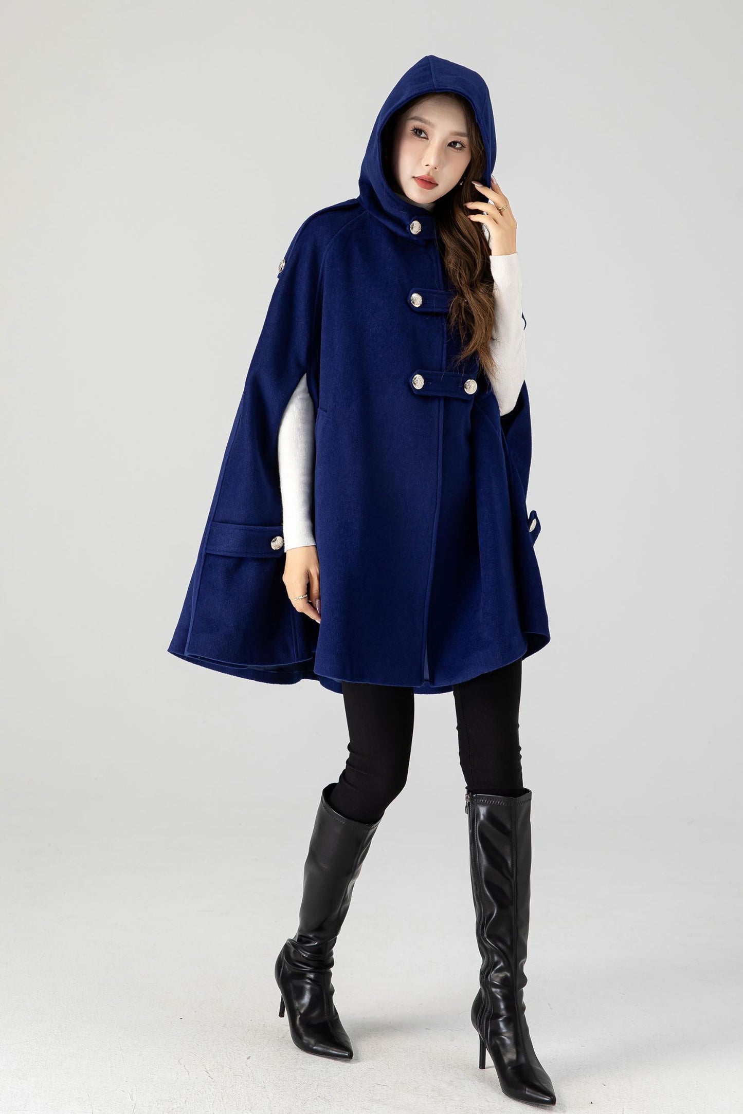 Women's Winter Blue Wool Hooded Wool Cape Coat 4601